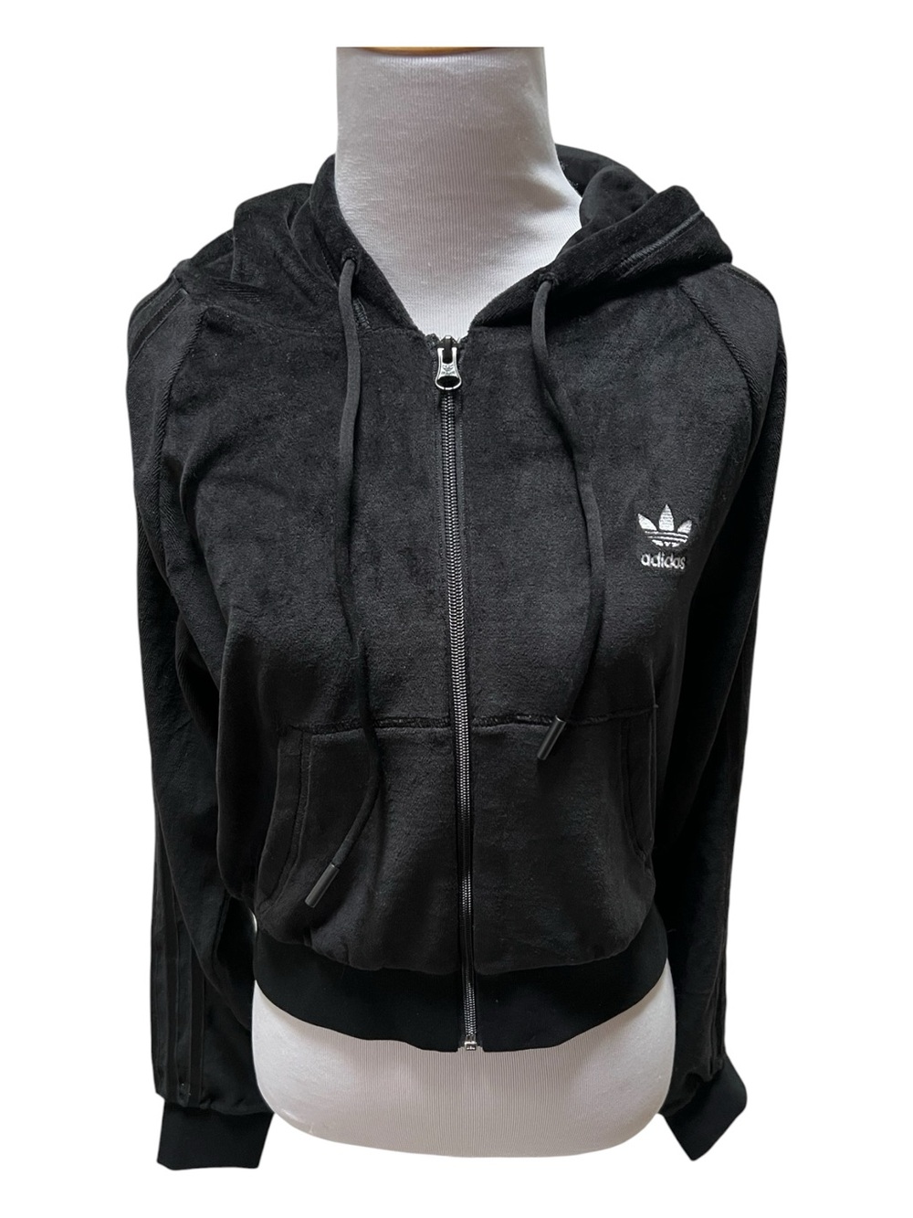 adidas Black Velour Zip Hoodie with Trefoil Logo
